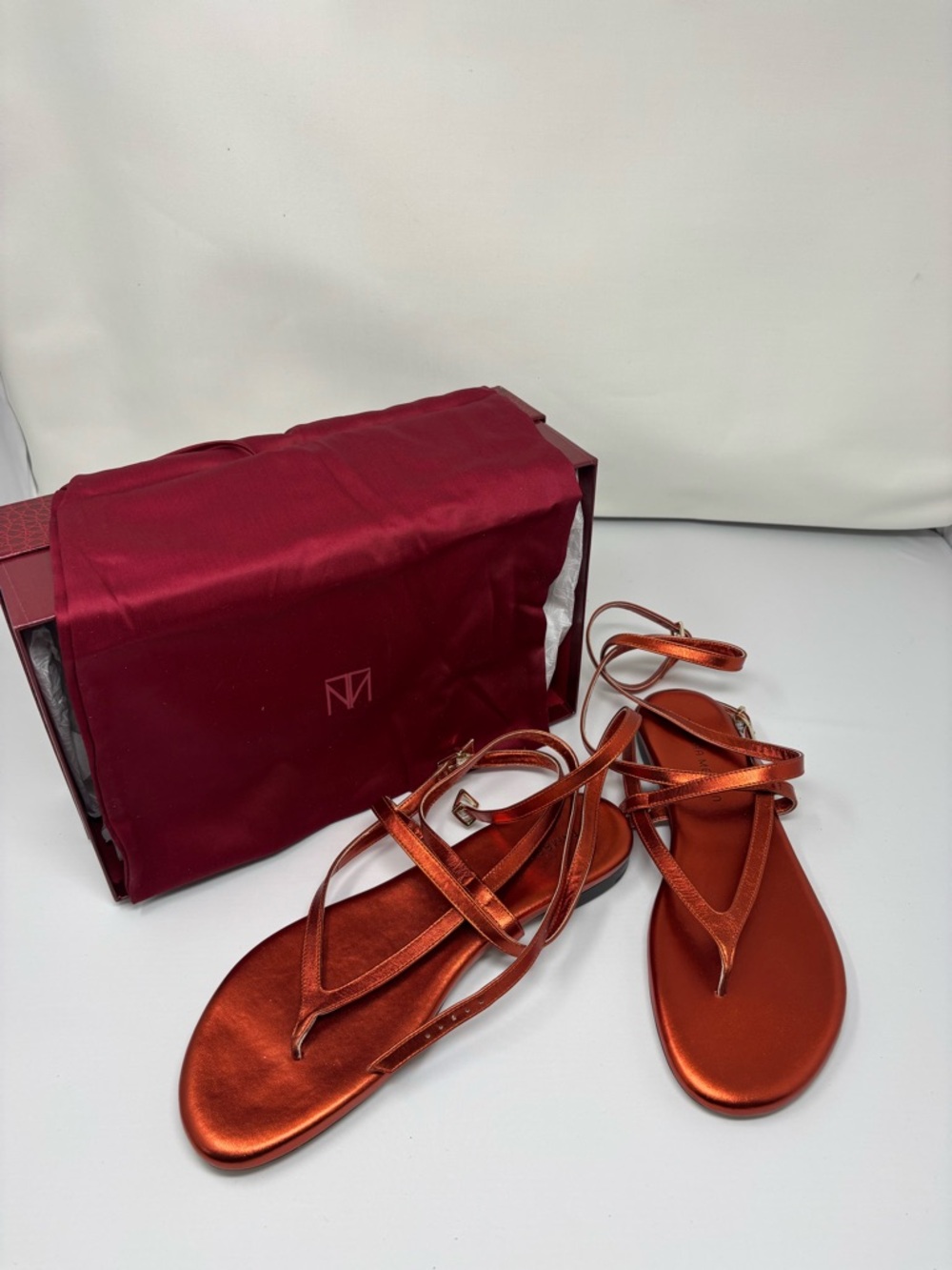Tamara Mellon Metallic Nappa Orange Ankle Wrap Sandals- Never Worn